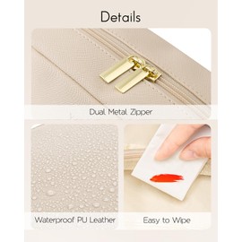 Vlando Travel Makeup Bag,Purse Leather Cosmetic Bags for Women, Waterproof Portable Zipper Makeup Pouch Bag with Divider,Beige