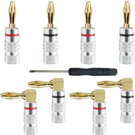 DAOKAI Banana Plugs 4mm Banana Speaker Plug Connectors 24K Gold Plated,Double Screw Locking+90 Degree Audio Jack Connector, for Speaker Wire, Wall Plate, Home Theater(8Pcs/4pair)