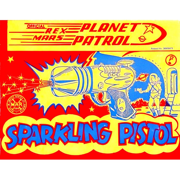 Vintage Plantet Patrol Sparkling Pistol Ray Gun on Tin Fridge