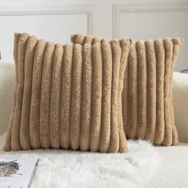 Mandioo Pack of 2 Decorative Throw Pillow Covers Faux Fur Striped Plush Soft Cushion Covers Pillow Cases Bedroom Living Room Sofa Home 24x24 Inch 60 x 60 cm Camel