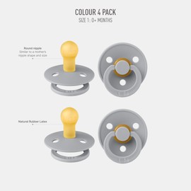 BIBS Colour Soother 4-Pack, BPA Free Dummy Pacifier, Round Nipple. Natural Rubber Latex, Made in Denmark, Size 1 (0-6 Months), Cloud