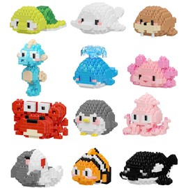 Jollcnoia 12 Set Cute Sea Animals Creature Building Toy Blocks Marine Life Mini Bricks Micro Building Toys