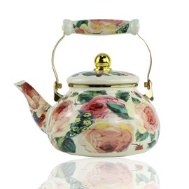 Leebright Floral Enamel Tea Kettle Vintage Gold Beige Teapot Beige Floral Boho Hot Water Coffee Kettle Pot 2.5L Porcelain Tea Pot with Ceramic Handle for Stovetop Kitchen Home Decor