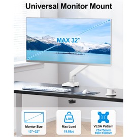 Single Monitor Mount Arm Fits Monitor up to 32 Inch, Monitor Desk Mount Holds 4.4-19.8lbs Computer Screen, Full Motion Gas Spring Monitor Desk Mount, VESA Mount 75x75, 100x100, Freelift