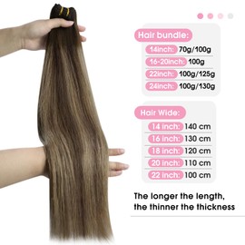 YoungSee 24Inch Weft Hair Extensions Human Hair Brown Balayage Double Weft Human Hair Extensions Dark Brown with Caramel Blonde Balayage Sew in Hair Extensions for Long Hair 100G