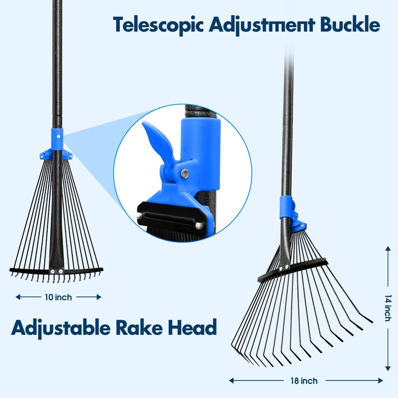 BsBsBest 75" Rake for Leaves with 18 Metal Tines 10-18"