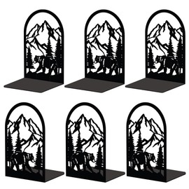 Peacoblue Mountain and Forest with Bear Metal Bookends for Shelves, 3 Pair of Modern Decorative Heavy Duty Study Book Support Stoppers for Office Desk Shelf Room 5.3"x4.3"x7.9" Cast Iron Bookends