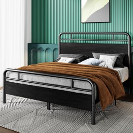 HOOMIC Metal Platform Bed Frame Queen Size with Wood Headboard & Footboard, Heavy Duty Steel Slats Mattress Foundation, No Box Spring Needed, Noise Free, Easy Assembly, Black Oak
