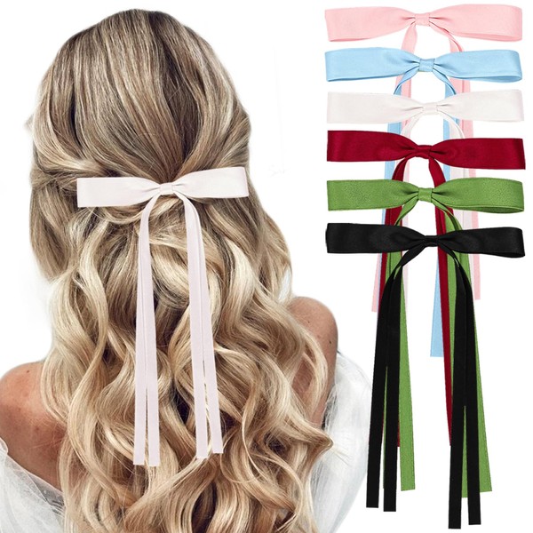 6 Pcs Hair Ribbon Bow Clips for Women Girls Hair Bows Tassel Hair Ribbons Bow Hair Clips Bowknot With Long Tail Hair Barrettes with Bow Accessories for Kids Teens Valentine's Day Gifts
