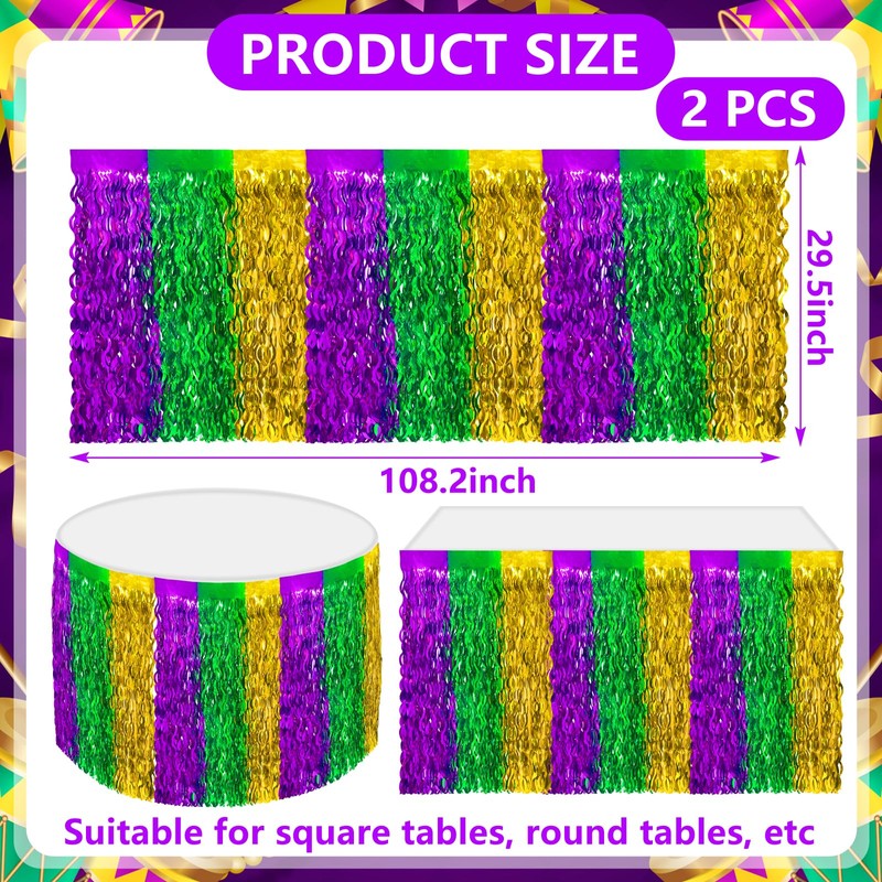 QLINLEAF 2 Pack Mardi Gras Table Skirt Purple Green Gold