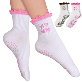 Juedverty 2 Pairs Women's Cute Pilates Ruffle Socks, Grippy Non-Slip Crew Socks with Embroidery for Yoga Barre Workout