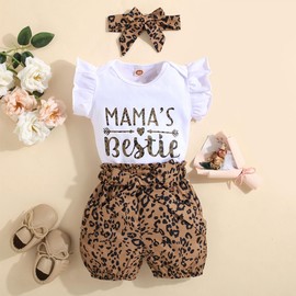 HEOXIN Baby Girl Infant Clothes Set, Newborn Clothing, Ruffle Short Sleeve Bodysuit, Bowknot Waist, Leopard Print Shorts, Snap Button Crotch Headband, Summer Tiny Girls Outfit, Brown, 3-24 Months