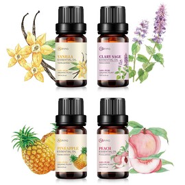 Vanilla, Pineapple, Peach, Clary Sage Essential Oil Set, 4x10ML Organic 100% Pure Plant Oil for Diffuser, Aroma, Spa, Massage, Yoga, Perfume,