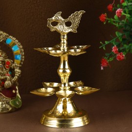 SATVIK 1 Pc Brass Panchmukhi Peacock Kerala Samai Puja Diya Kutthu Vilakku Oil Lamp Pooja 2 Step Diya Engraved Design Deepak Indian Diwali Pooja Home Mandir Office Decor Housewarming Return Gift Items