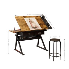 Drafting Table w/Stool,Height Adjustable Drafting Table for Adults,Tilted Tabletop with Storage Drawers,Multifunctional Art Craft Artists Desk for Reading, Writing, Crafting and Diamond Arts