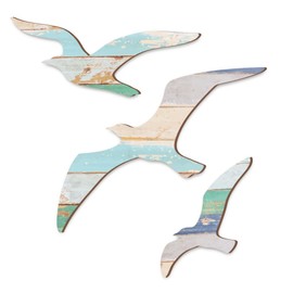 GOMAKERER 3 Pcs Wood Seagull Wall Art, Sea Bird Decoration Ocean Beach Wall Decor Vintage Nautical Coastal Theme Ornaments for Home Lake House Bedroom Bathroom Decor