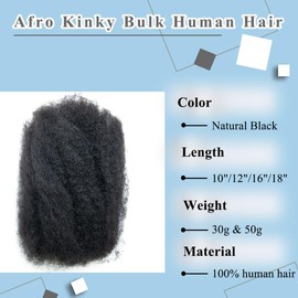Maroochin Afro Kinkys Bulk Human Hair Extensions 100% Human Hair for Braiding, Twisting, and Dreadlocks 50g 12" #1B