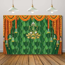 Rcoaror India Pooja Photo Backdrop Green Puja Ganpati Traditional Background Chatiya Ganesh Mehndi Festival Decorations Wedding Photography Banner Indian Bridal Shower Photoshoot Props