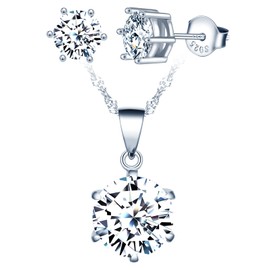 Yumilok Women's Jewellery Set Fashion Stud Earrings Necklace Earrings Chain Set Jewellery Set 925 Sterling Silver Six Claw Zirconia Pendant, Sterling Silver Sterling Silver Zirconia, Cubic Zirconia