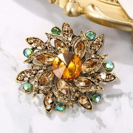 BriLove Bridal Flower Bouquet Brooches for Women Austrian Crystal Rhinestone Marquise Corsage Wedding Brooch Pin Champagne Antique-Gold-Toned