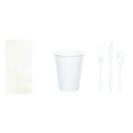 Baxters Party Bundles Bulk, White, 50 Count Paper Dinner Napkins, 48 Count 9 Ounce Paper Hot/Cold Cups, Heavyweight Plastic Cutlery for 48 People, Box of 242