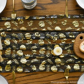 Artoid Mode 3PCS Black Gold Pumpkins Fall Leaves Gauze Table Runner 120 Inch 10FT, Metallic Foil Seasonal Sheer Dining Holiday Table Decor for Home Party