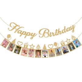 KatchOn, Glitter Gold Happy Birthday Banner - 2 Strings, 10 Feet Preassembled | Happy Birthday Banner With Photo for Happy Birthday Decorations | Golden Birthday Banner for Gold Birthday Decorations