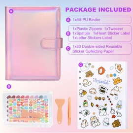 Reusable Sticker Book,A5 PU Sticker Collecting Book,Sticker Book Collecting Album, Sticker Collecting Album with Heart Sticker Label & Letter Stickers Label