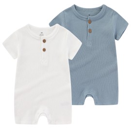 MAMIMAKA Baby Boy Short Sleeve Bodysuits Cotton Newborn Infant Solid Romper Baby Clothes 2 Pack, 6-9 Months