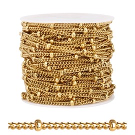 [33 FT] 18K Gold PVD Plated Satellite Chain Roll for Jewelry Making, 2mm 304 Stainless Steel Satellite Ball Beaded Curb Link Chains Bulk Spool for DIY Craft Jewelry Making