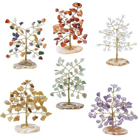 FASHIONZAADI Amethyst Clear Quartz Carnelian Green & Yellow Aventurine Mix Chakr Mini Tree Crystal Money Tree Agate Slice Stone Tree Ornament For Living Room Decor Tree of life Gift Size 80-85mm