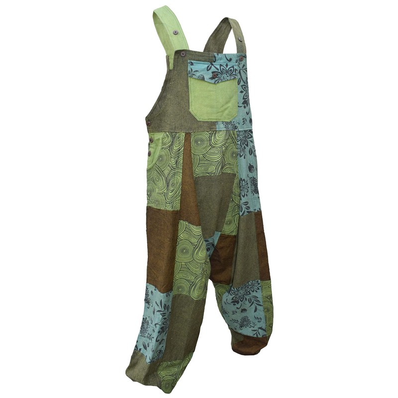 Gheri Mens Loose Fit Patchwork Printed Cotton Harem Dungarees Green