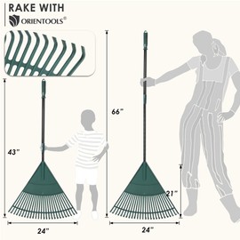 ORIENTOOLS Garden Leaf Rake, Garden Rake with Adjustable Extendable Steel Tube 43 to 66 Inches, Lightweight Yard Rake, with 26 Tines, Rakes for Leaves Lawns Yard Shrub (Black Handle)
