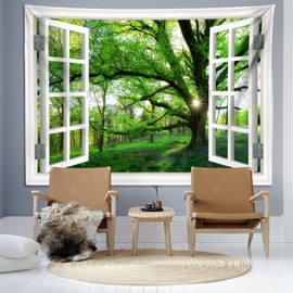 Hoisy Tapestry Forest Small Wall Towel Green 150 x 130 cm Forest Landscape Tapestry Window View Nature