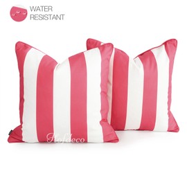 Hofdeco Indoor Outdoor Pillow Cover ONLY, Water Resistant for Patio Lounge Sofa, Hot Pink White Stripes, 18"x18", Set of 2