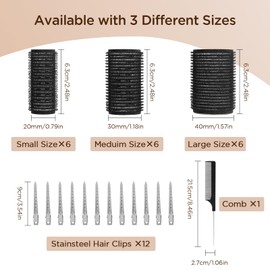 Romon Lockenwickler Locken Set, 31 Stück Schwarze Lockenwickler Set, Selbsthaftend Hair Rollers 40mm 30mm 20mm mit 12 Stücke Haarspangen Groß Hitzefreie Haarwickler für Lange Medoum und Kurze Haare