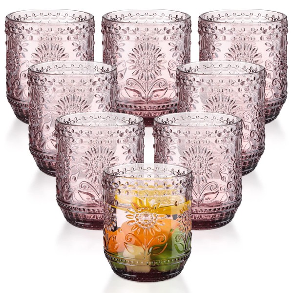 8 Pcs 12oz Embossed Decorative Purple Glassware Floral Vintage Drinking Glass Set Romantic Colored Crystal Glass Vintage Glass Cups for Juice Cocktail Wine Kitchen Tumbler Drinkware