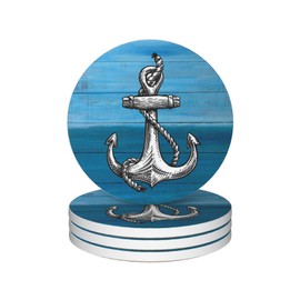 Anchor Coasters for Drinks, Set of 4, 4 Inch Wooden Background Absorbent Diatomite Ceramics Nautical Coasters for Coffee Table with Cork Base Tabletop Protection Suitable for Dining Desks Restaurants
