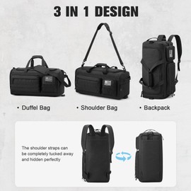 3-in-1 Tactical Travel Duffle Bag for Men and Women, Large 50L Military Duffle Weekender Bags Gym Backpack with Shoes Compartment and Wet Pocket (Black)