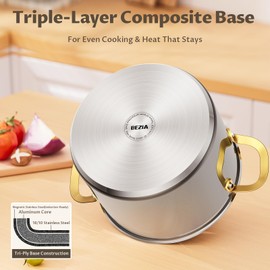BEZIA 12 Qt Stainless Steel Stock Pot with Lid, Induction Ready Large Soup Pot with Lid, Tri-ply Bottom for Even Heat, Kitchen Cooking Pots for Canning, Stews, and Bulk Cooking