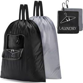 Bbzeal 2 Pcs Travel Laundry Bags with Zipper and Drawstring, XL Foldable Dirty Clothes Bags, Lightweight and Durable for College Dorms, Travel, Camping, and Gym Use (Black & Grey)