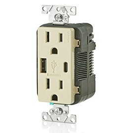 Leviton 001-T5633-00I Combinación de Contacto Doble a Prueba de Manipulaciones y Cargador Usb 2.0, 15A 125V, Marfil