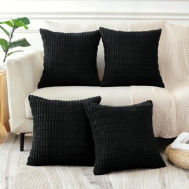Sungeek Set of 4 Soft Corduroy Decorative Cushion Covers 50x50cm Square Striped Throw Pillow Covers 20x20 Inch for Sofa Couch Living Room Patio Farmhouse Boho Home Decor Pillowcases (Black)