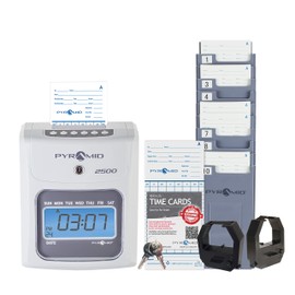 Pyramid Time Systems - Model 2500 Auto Aligning and Top Loading Time Clock [2500K1] Bundle Includes: Time Clock, 100 Time Cards, 2 Ink Ribbon cartridges, one 10 slot time card rack and 2 Security Keys