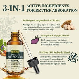 2000mg Liposomal Ashwagandha Liquid Drops, Pure High Strength Ashwagandha Root Extract with 7% Withanolides, 5X Concentration, Absorbed Faster Than Capsules, 60ml (Pack of 1)