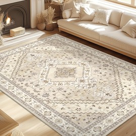 Yamaziot Washable Area Rugs 5x7 – Non Slip Boho Vintage Rug for Bedroom, Low Pile Floor Carpet Soft Distressed Rug for Living Room, Bedroom, Dining Room, Beige