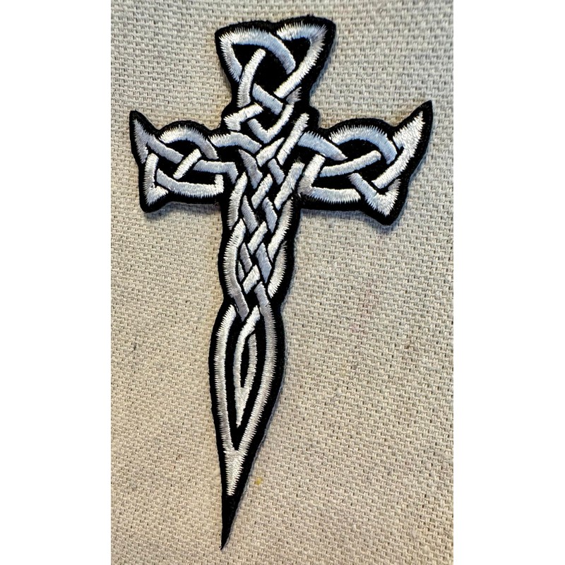 Celtic Cross Dagger White Iron-On Patch Embroidered Irish Crucifix