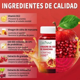 Gominolas Vinagre de manzana,Potencia Máxima 2000mg Contiene Vitaminas B12, B6, Ácido Fólico Y Probióticos Para La Salud Metabólica, Intestinal,...   