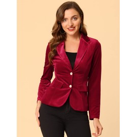 Allegra K Women's Notched Lapel Vintage Office Button Front Velvet Blazer Large Burgundy