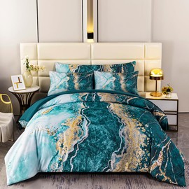 PERFEMET 6 Pieces Full Size Comforter Set Aqua Gold Bed in A Bag Watercolor Marble Bedding Comforter with Sheets Soft Lightweight Abstract Artwork Green Bed Sets for All Season Use(Aqua, Full)